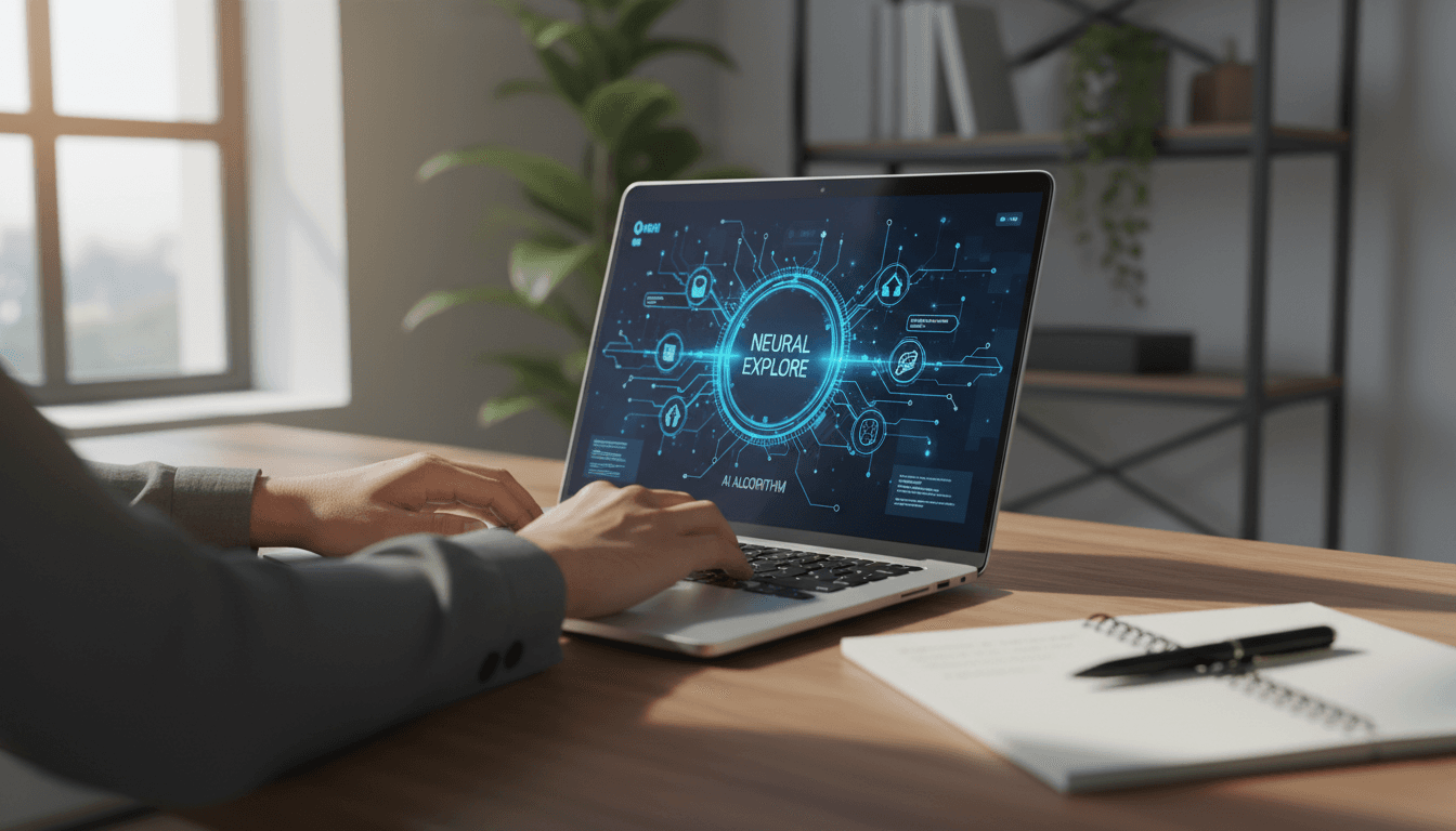 Person working with AI tools on laptop in modern workspace