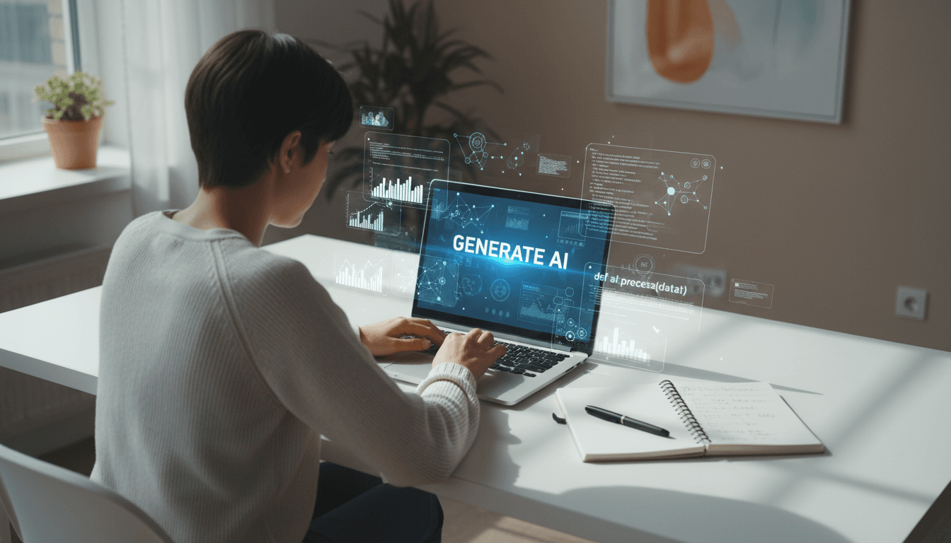 AI expert working at desk with laptop showing artificial intelligence tools and interfaces