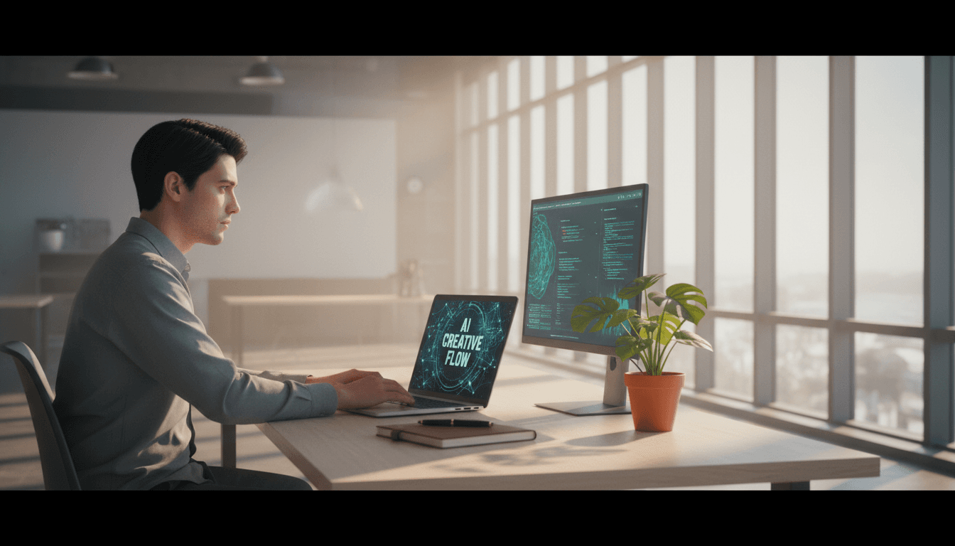Person working at desk with laptop in bright tech workspace